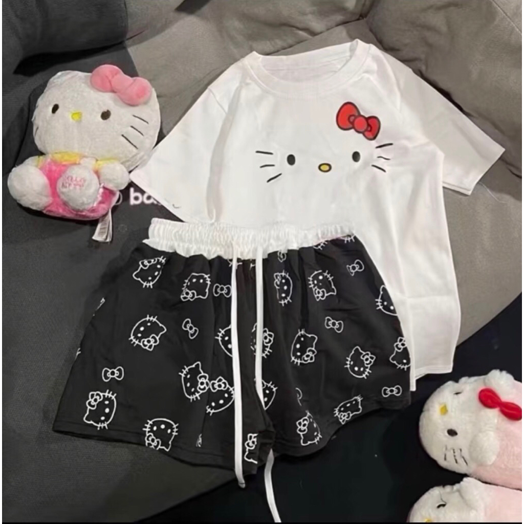 bộ áo mèo cute trắng + quần đùi mèo đen phối cạp trắng , chất cotton