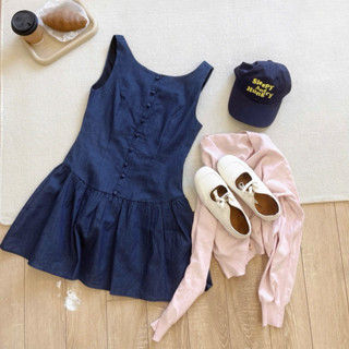 (Kèm quần) Váy jean ba lỗ sát nách form xoè đính KHUY BỌC khoá lưng dành cho nữ