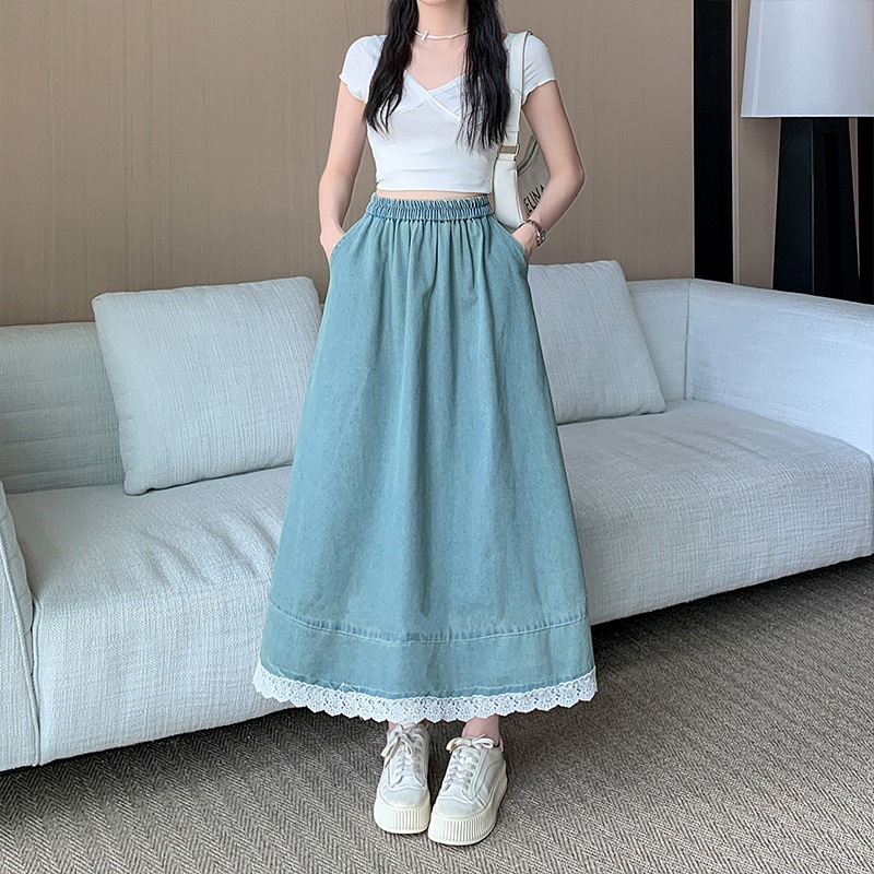 [ MONALIZA ] Chân Váy Jean Chân Váy Bò Chân Váy Dài Chân Váy Xoè Chân Váy Xếp Ly Phối Ren