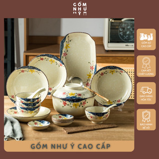  Bán lẻ bộ bát đĩa sứ men mịn họa tiết hoa nhật bản tiểu cổ sứ dày dặn chống nóng an toàn decor 