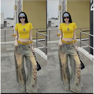 (S-2XL) Quần Jeans Nữ, Quần Jeans suông Lưng cao Rách - Bụi vàng, chất vải QC mềm không giản.Full size S-M-L-XL-2XL 5816