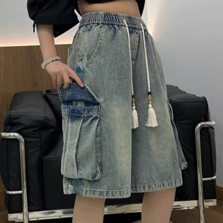Quần Đùi Bò PHỐI SỌC HỌA TIẾT TÚI HỘP Quần Jeans Nam Nữ Unisex Ống Rộng Lưng Chun Dáng Đứng Ngắn Ngang Gối Cá Tính