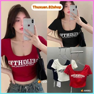 Áo thun croptop chữ in chữ nổi bật cổ vuông ôm body – Áo thun nữ ngắn tay quyến rũ mặc đi chơi, dạo phố hot trend