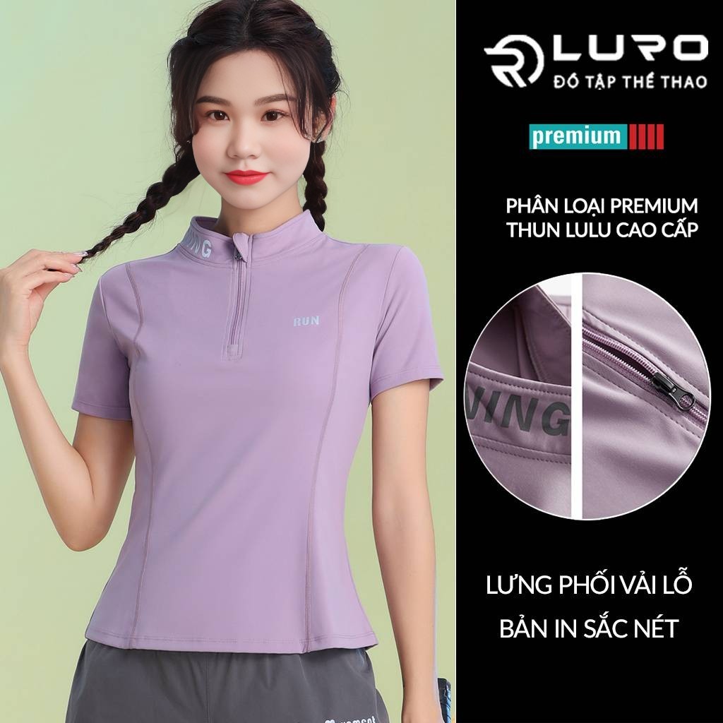 Áo thể thao nữ cổ đứng polo Luro,tập gym, yoga vải thun Lulu cao cấp co giãn tốt - A8N