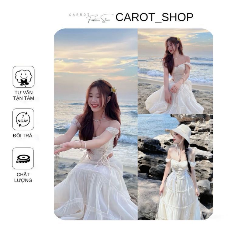 ( có bigsize  ) Set áo corset nàng thơ đi biển trễ vai phối chân váy maxi dài by CarrotStore