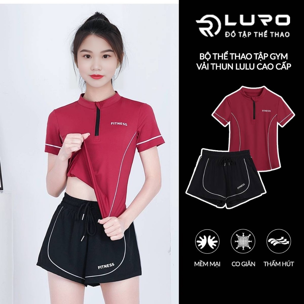 Bộ thể thao gym yoga mùa hè [Louro S15], set đồ tập ngắn tay khóa kéo quần short ống rộng 2 lớp