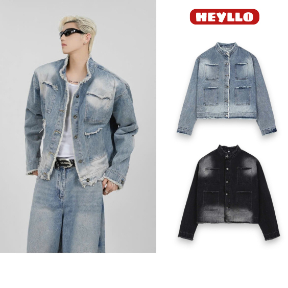 Áo Khoác Jeans From Rộng Dáng Suống Cổ Đứng Phối 4 Túi, Thời Trang Unisex Màu Wash Cao Cấp