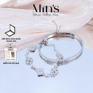 Set Lắc Tay Cỏ Bốn Lá Kèm Vòng Tay Trơn Đính Đá Titan Không Gỉ MINS GEM Dài 15cm Và 19cm Nữ Tính Thanh Lịch - FVT03