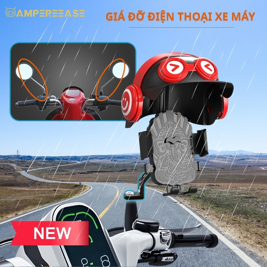Giá đỡ,kẹp điện thoại gắn trên Xe máy, Xe Đạp AMPEREEASE kèm nón bảo hiểm che nắng, che mưa Gắn Chân Gương Xe Máy #HZ01