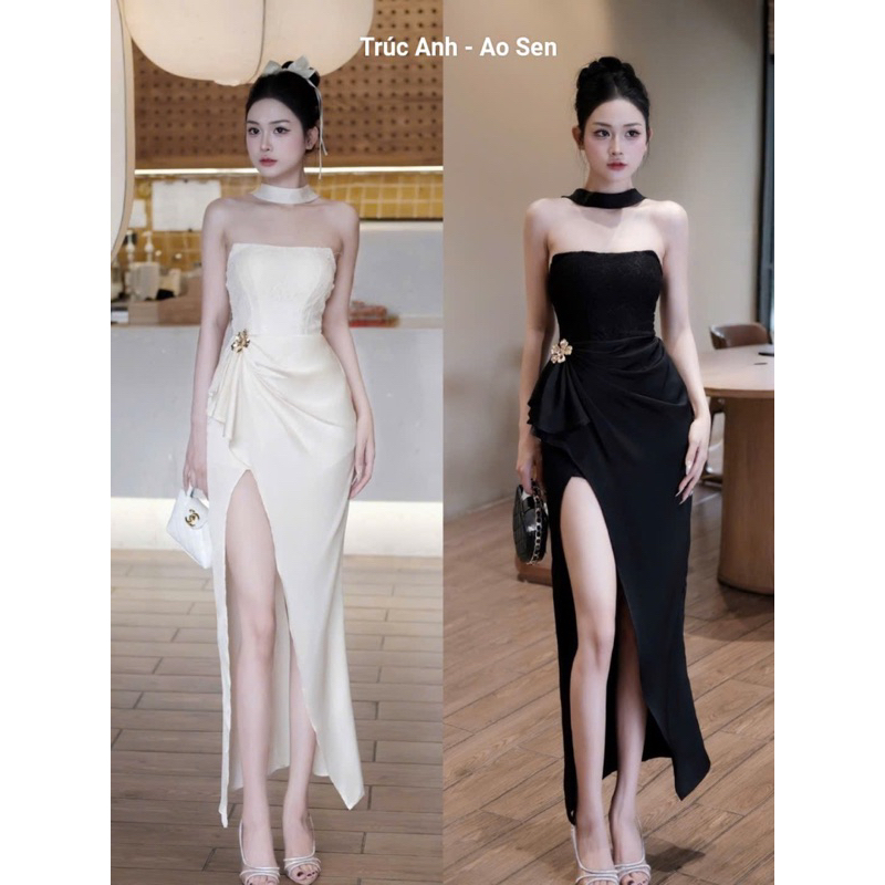 Đầm cúp ngực ren dây cổ phối lụa xẻ đùi sexy sang chảnh siêu slay đi tiệc dạ hội