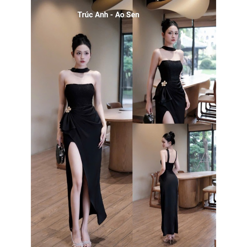 Đầm cúp ngực ren dây cổ phối lụa xẻ đùi sexy sang chảnh siêu slay đi tiệc dạ hội | BigBuy360 - bigbuy360.vn