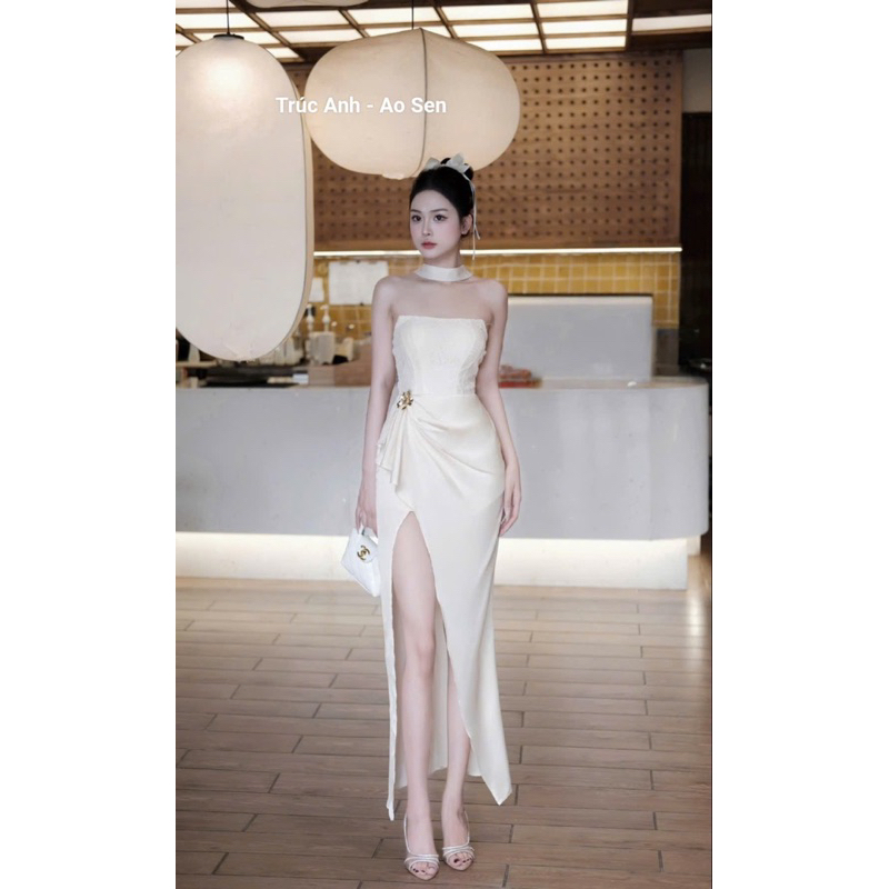 Đầm cúp ngực ren dây cổ phối lụa xẻ đùi sexy sang chảnh siêu slay đi tiệc dạ hội | BigBuy360 - bigbuy360.vn