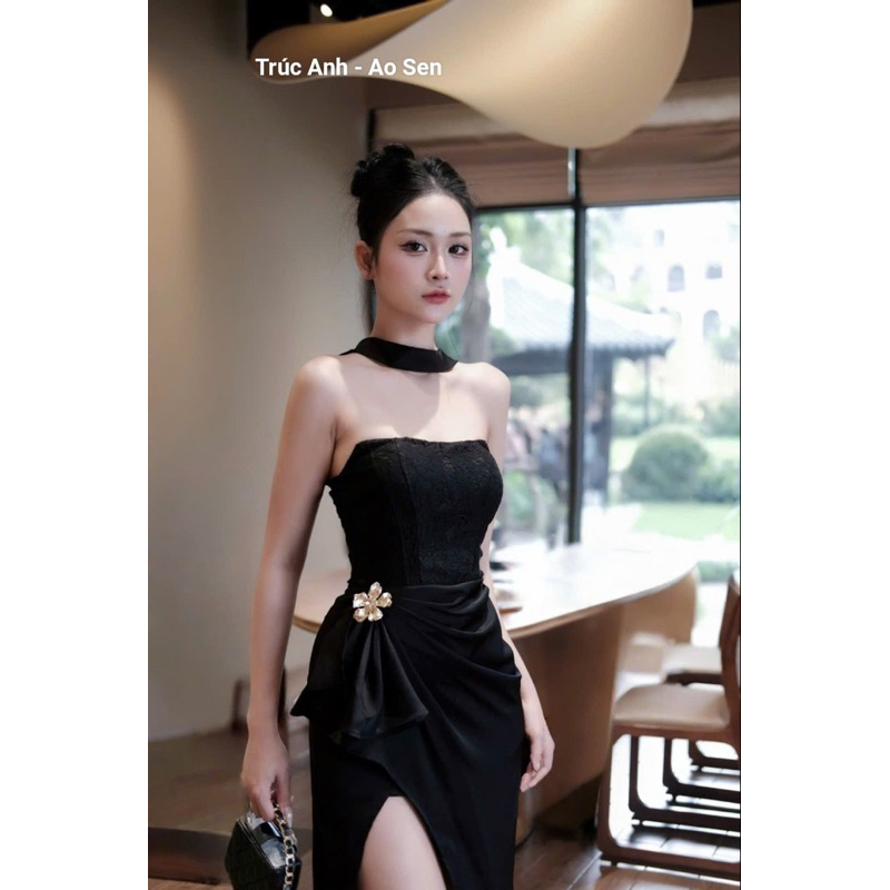 Đầm cúp ngực ren dây cổ phối lụa xẻ đùi sexy sang chảnh siêu slay đi tiệc dạ hội | BigBuy360 - bigbuy360.vn