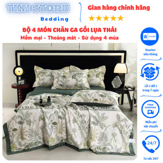 Bộ 4 món chăn ga gối lụa thái VNSX cao cấp, Set ga giường chăn mền hè chất liệu vải thoáng mát mềm mại, không xù lông
