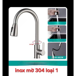 Vòi inox 304 dùng cho nhà bếp dây rút màu mờ xám và đen nóng lạnh tặng kèm dây cáp nước