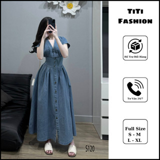 Đầm Jeans Denim cổ V dáng dài thanh lịch che khuyết điểm. TiTi Fashion
