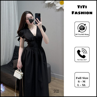 Váy đen tay ngắn cổ V dáng dài xoè thanh lịch. TiTi Fashion