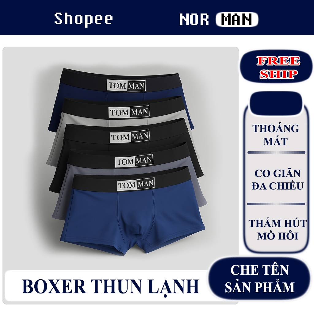 Combo 5 quần sịp nam in TOM MAN sang trọng, quần boxer thun lạnh co giãn đa chiều thấm hút mồ hôi
