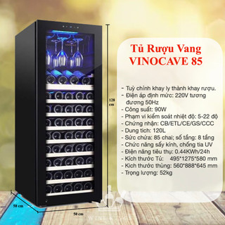 Tủ rượu vang dung tích Vinocave 85 chai - cửa kính chống, đèn Led nội - Vận hành êm ái, tiết kiệm điện.