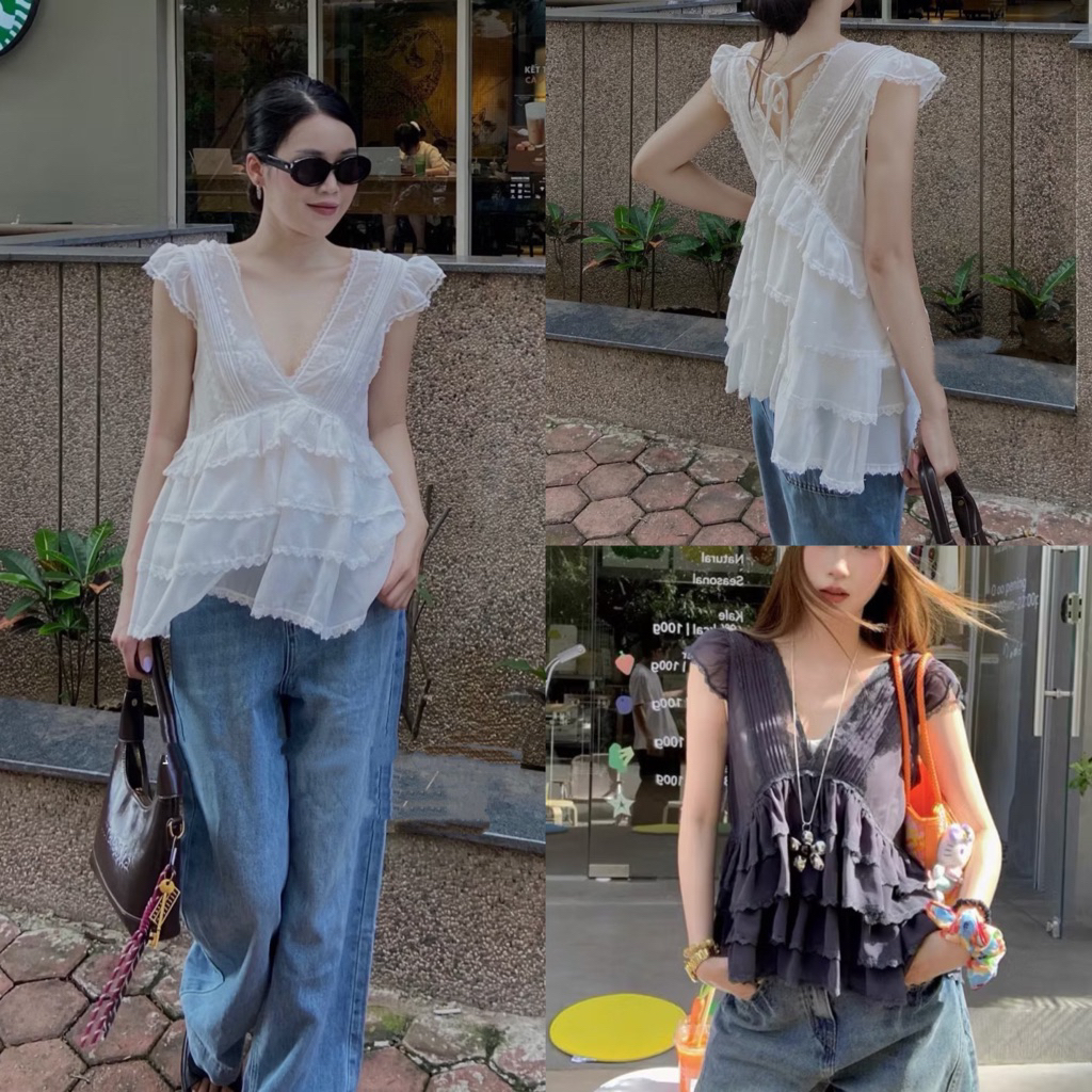 (HÀNG CHUẨN ĐẸP - Tặng quây) Áo kiểu nữ cổ V tay cánh tiên phối ren tầng “LyLy” phù hợp cho mùa hè đi biển