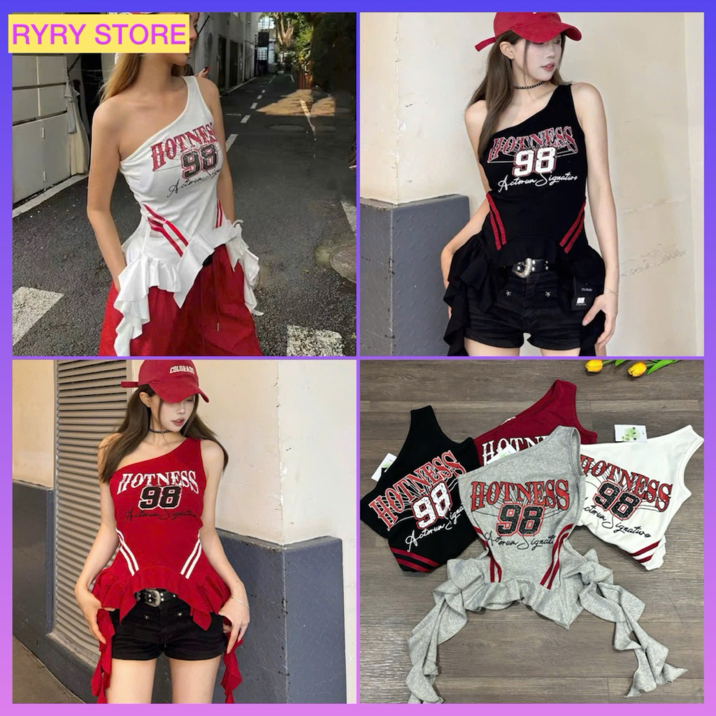 Áo croptop nữ sát nách Hotness 98 lệch vai tua rua phong cách thể thao năng động Y2K cá tính