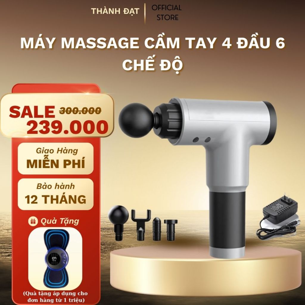 Máy Massage cầm tay 4 Đầu 6 Chế Độ Fascial Gun- Giảm Căng Cơ Trị Nhức Mỏi Vai Gáy