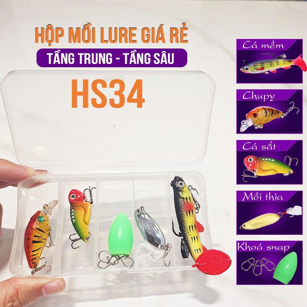Combo 5 Mồi Câu Lure HS34 + Hộp & Khóa | Mồi Giả Câu Cá tầng trung và tầng đáy Cá mềm, Mồi thìa, Chu