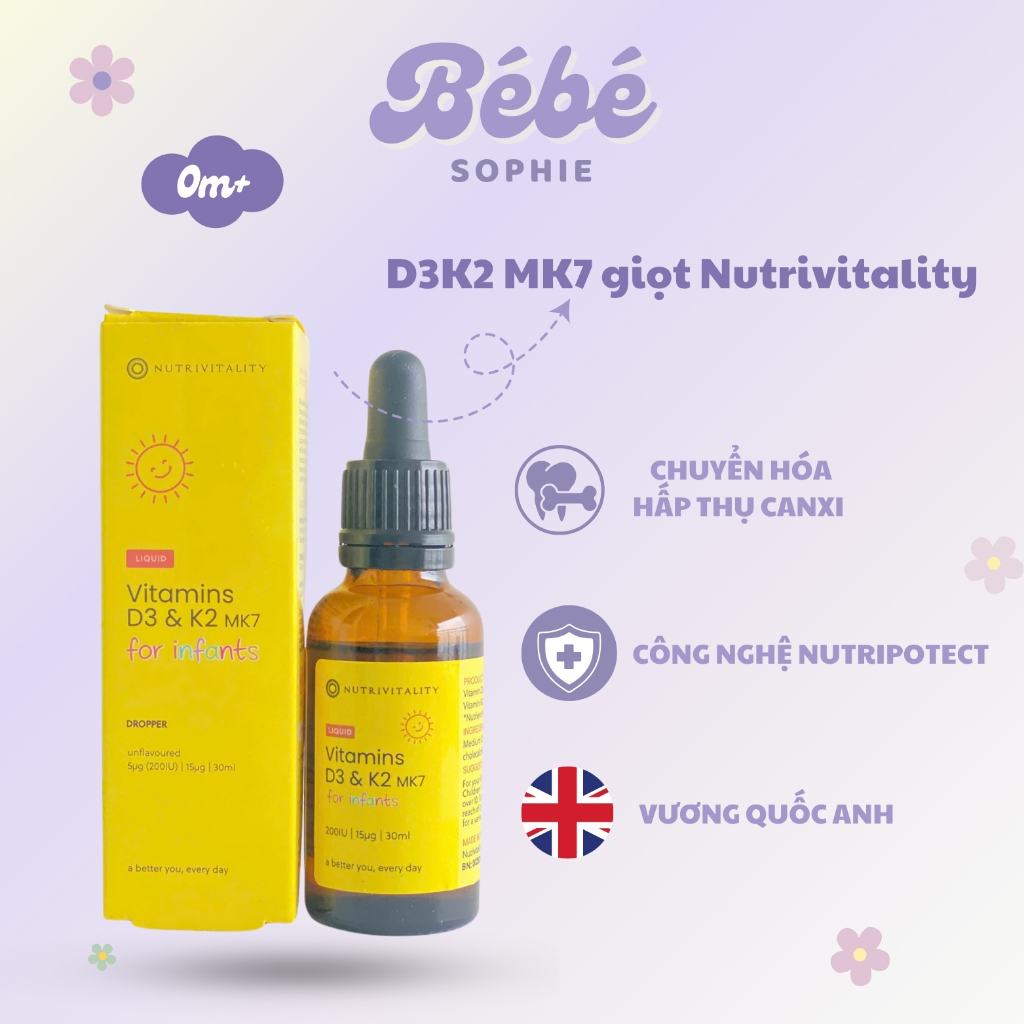 Vitamin D3K2 MK7 Nutrivitality 30ml Anh Quốc cho bé sơ sinh trở lên  - Bebe Sophie