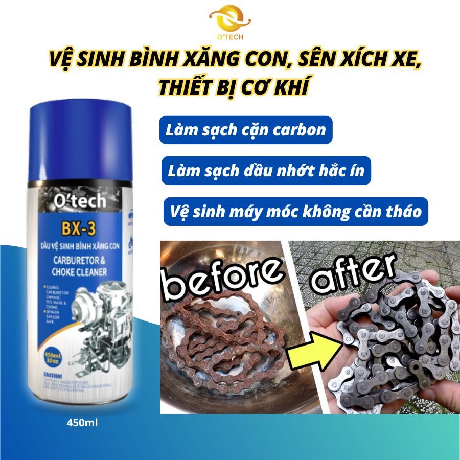 Chai xịt tẩy rửa dầu nhớt, vệ sinh bình xăng con O'TECH BX-3 (450ml) carburetor & choke cleaner