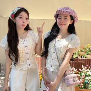 (PB.HAVANA) Áo kiểu ORANA babydoll hoạ tiết in hoa phối cúc gỗ, dây buộc eo AO549