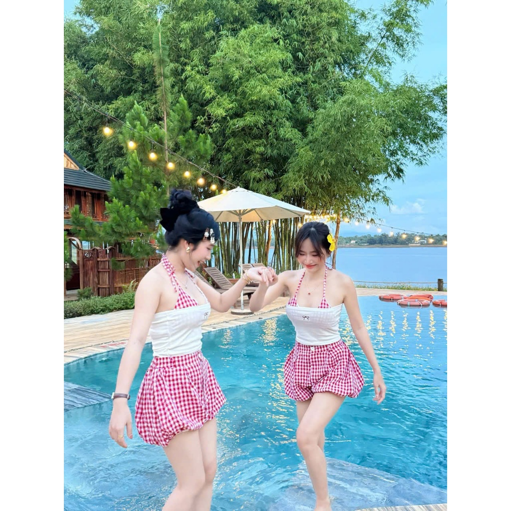 Set Bikini set đi biển 3 món Áo quây Bra Caro Phối QUẦN ĐÙI BÍ xếp li kẻ sọc_lanbishop LB33 | BigBuy360 - bigbuy360.vn