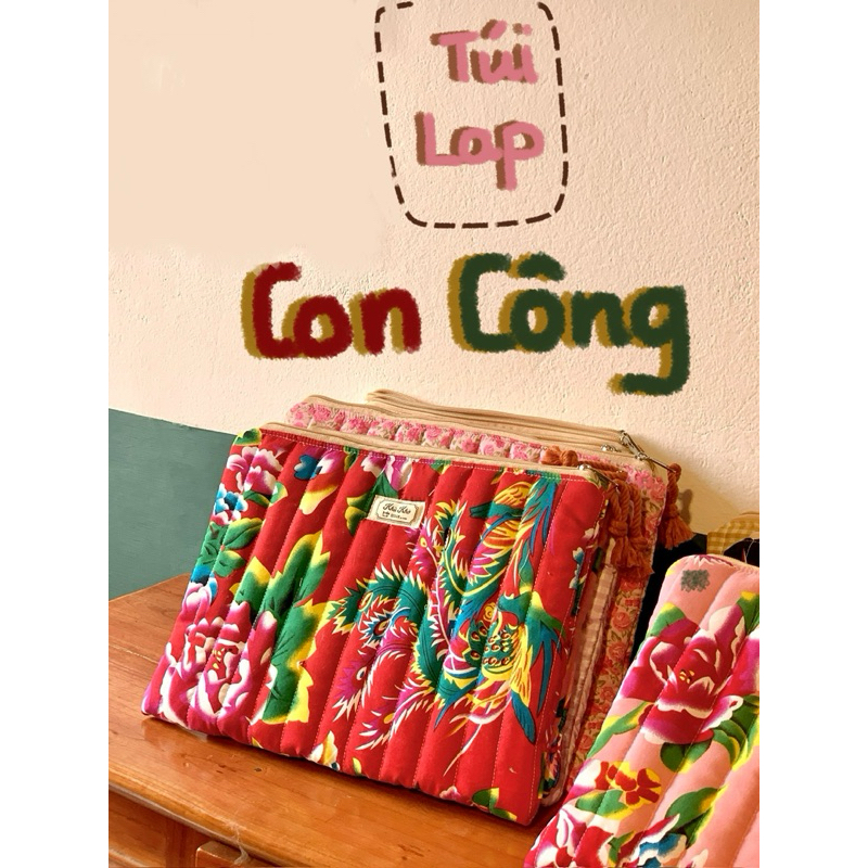 Túi chống sốc ipad, laptop handmade hoạ tiết con công