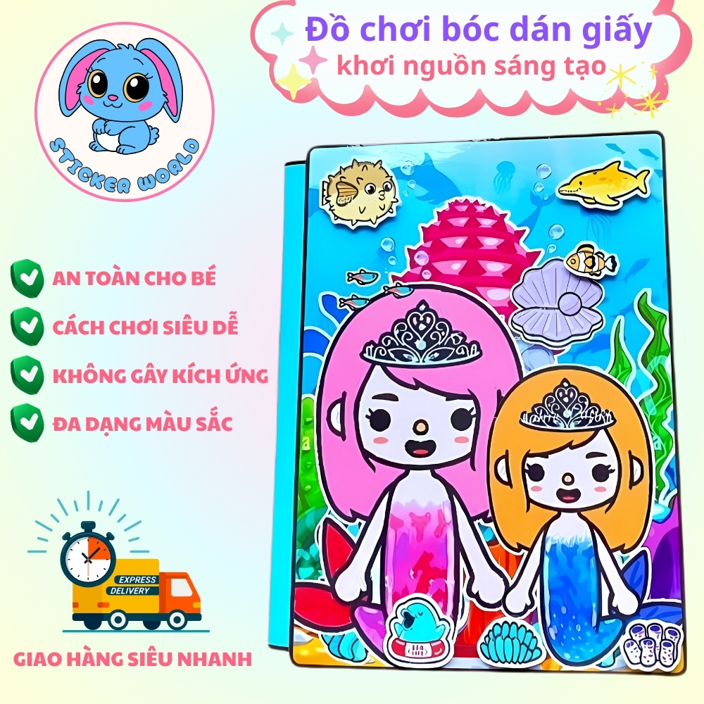 Đồ chơi ngôi nhà bóc dán Toca Boca búp bê giấy nàng tiên cá, đồ chơi giấy Cinnamoroll sáng tạo