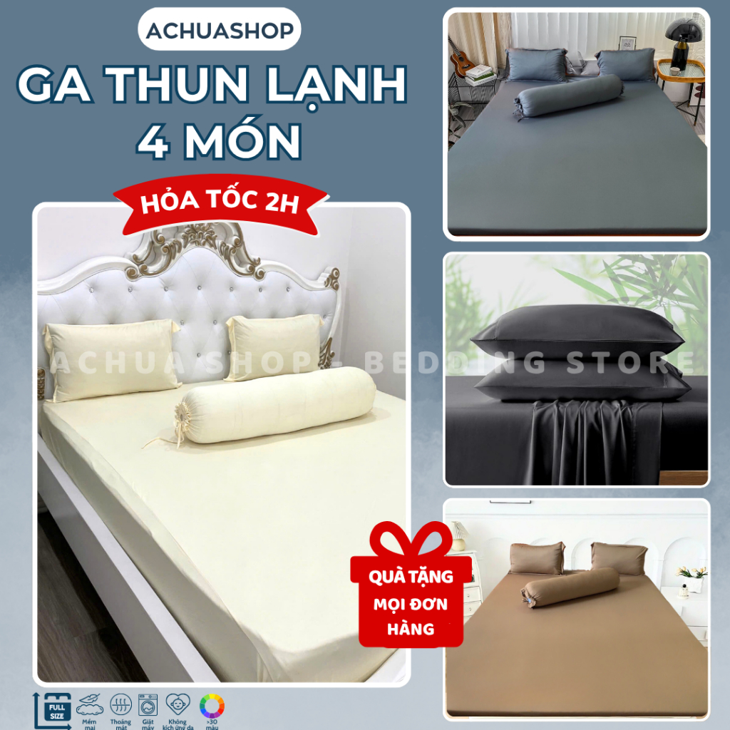 [HỎA TỐC] Bộ Ga Hè Thun Lạnh 4 Món ACHUASHOP Bộ Ga Trải Giường Ga Nệm Ga Giường Drap Giường 4M