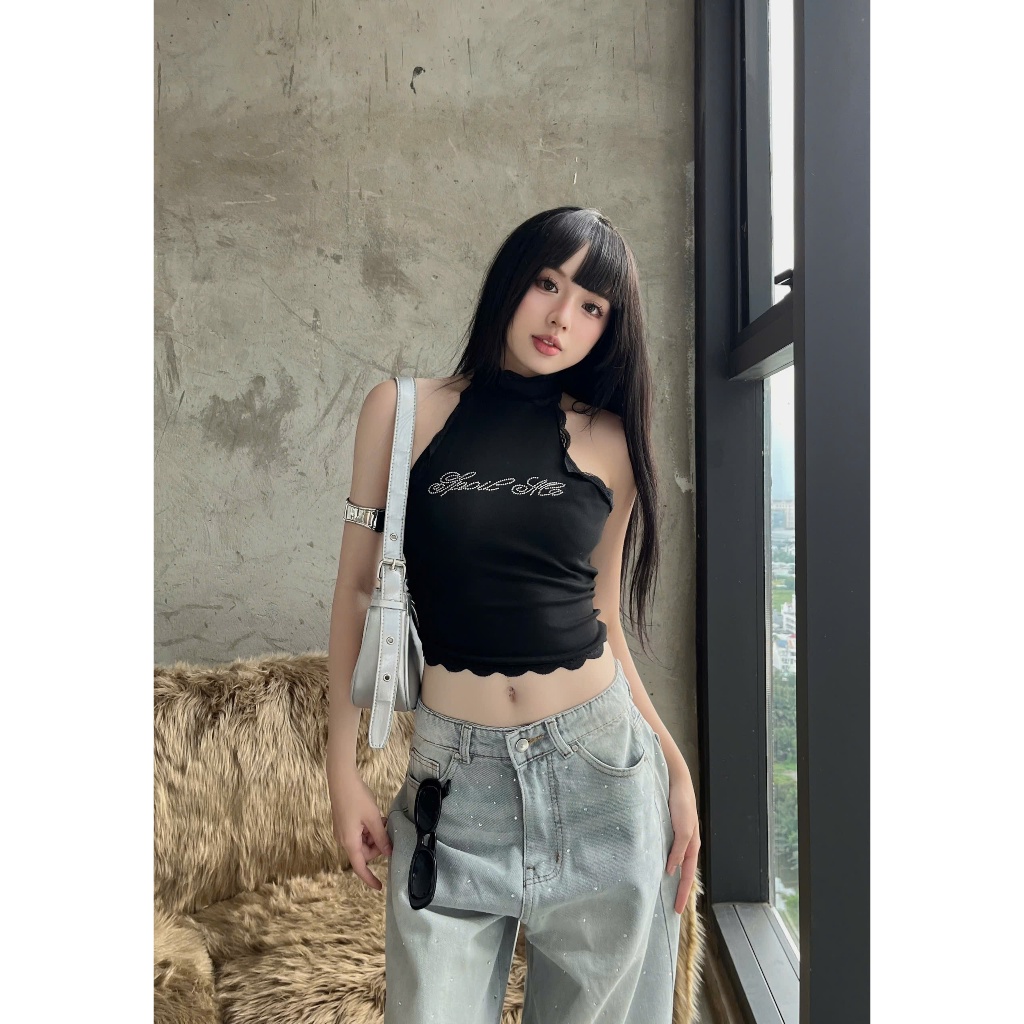𝐊𝐈𝐋𝐋 𝐒𝐘𝐒𝐓𝐄𝐌 - Áo yếm hở lưng croptop SPOIL ME phối ren đính đá lấp lánh ôm body | BigBuy360 - bigbuy360.vn
