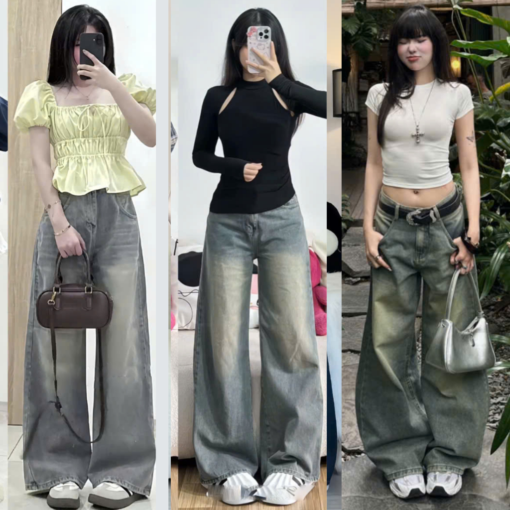 Quần Jean Nữ ống rộng cạp cao Màu Xanh Đậm Wash Trắng MIAA Phong Cách Hàn Quốc dáng dài chất bò RIN mềm denim BIGSIZE