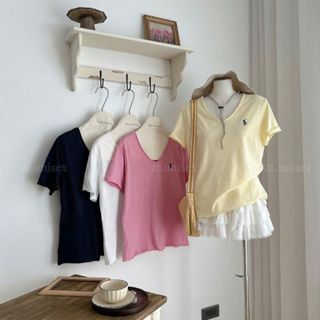 Áo thun giấy cổ Tim thêu ngựa áo phông giấy cổ V form rộng tay lỡ vải cotton mát mỏng nhẹ qccc 2tunisex mẫu 2025 P132
