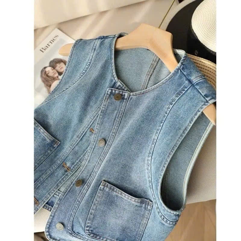 { Sẵn } Áo gile denim nữ ,áo gile bò nữ màu xanh sáng cổ tròn cúc nâu ,kiểu cổ điển retro hàn quốc