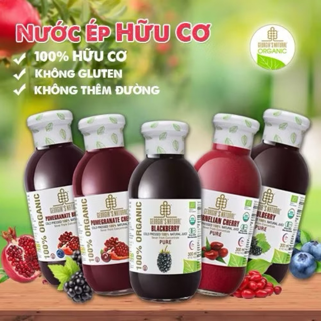 Nước ép trái cây 100% hữu cơ Georgia's Natural ép lạnh nguyên chất, không gluten 300ml. Đạt chứng nh