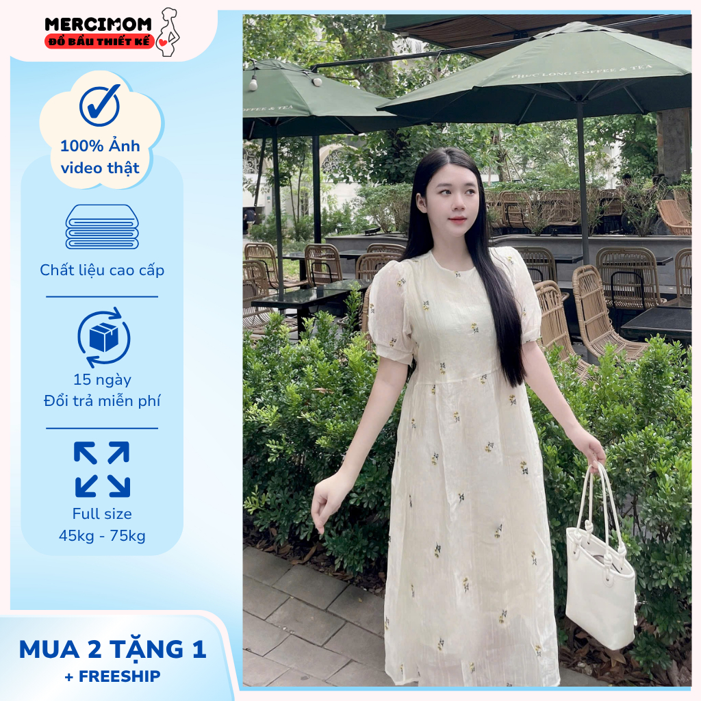 Đầm babydoll hoa nhí, váy bầu dáng babydoll họa tiết hoa chất vải mềm mát thoải mái