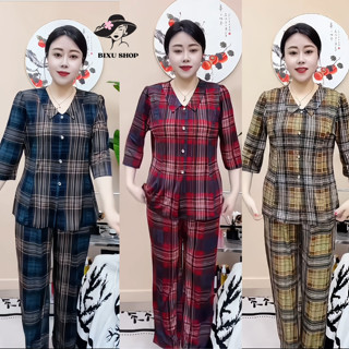 Đồ bộ nữ trung niên cho mẹ, bộ THUN LẠNH TAY LỬNG trung niên nữ SỌC, quần dài ống SUÔNG cao cấp VD45