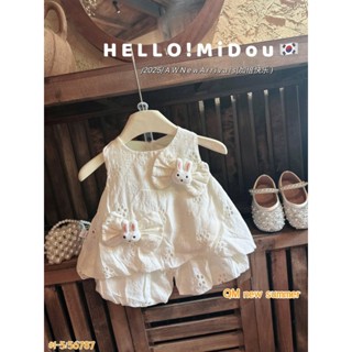Vivi Baby Bộ Thô Boi Thêu Hoa Nổi Ba Lỗ Gắn Nơ Thỏ Màu Trắng kém Xinh yêu cho bé 8-18kg