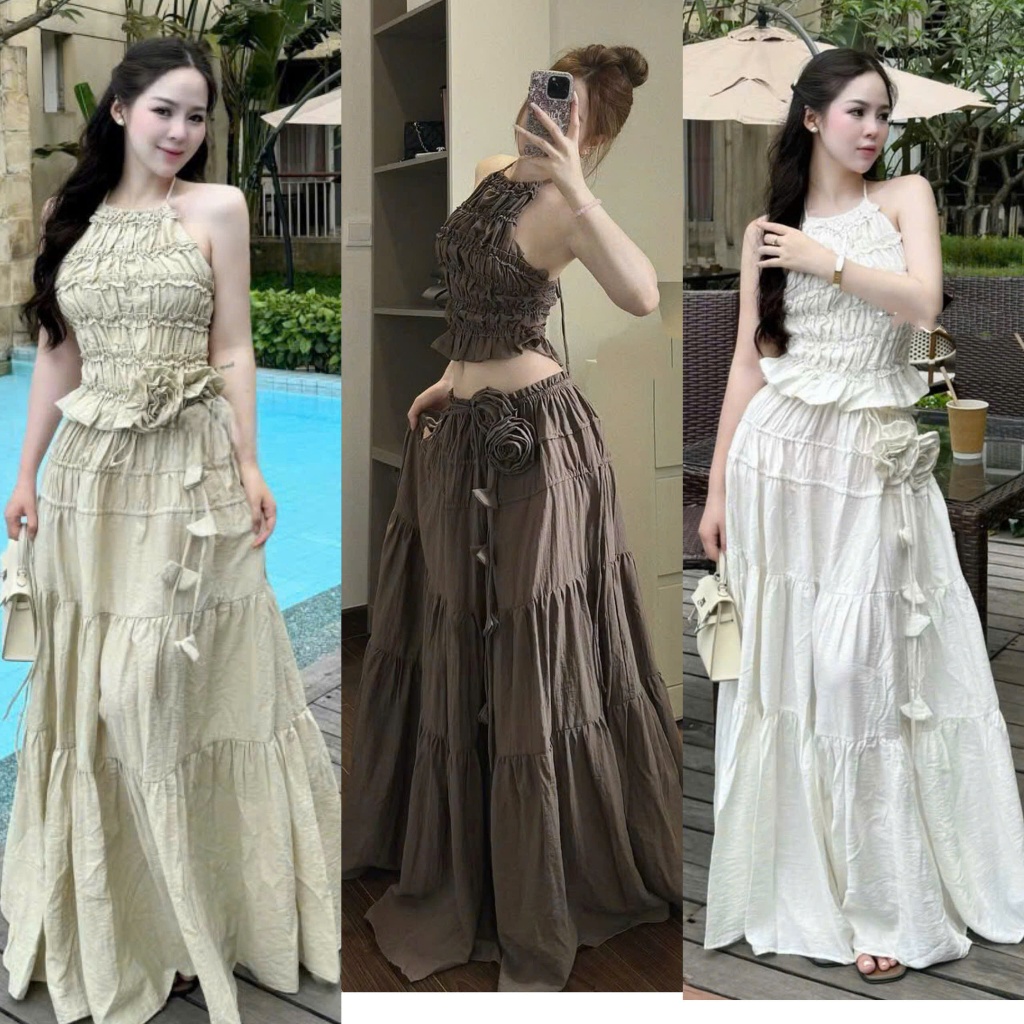 [New items]:Set Đũi Chun 3 Màu Áo Ôm Cổ Yếm Mix Chân Váy Xòe Dày Dặn Kèm 2 Hoa Cài Phối Dây Quyến Rũ
