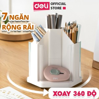 Hộp Đựng Bút Để Bàn Deli, Hộp Đựng Bút Trong Suốt Xoay 360 độ 7 Ngăn Rộng Rãi Đựng Văn Phòng Phẩm Đa Năng