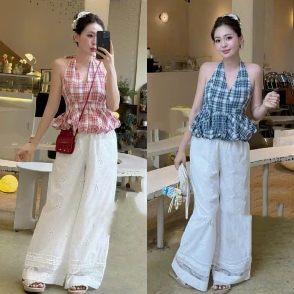 Set Áo Yếm Caro 2 Màu Thiết Kế Dây Buộc Nơ Sau Cổ Form Bồng Peplum Mix Quần Suông Đũi Trắng Xinh Xỉu