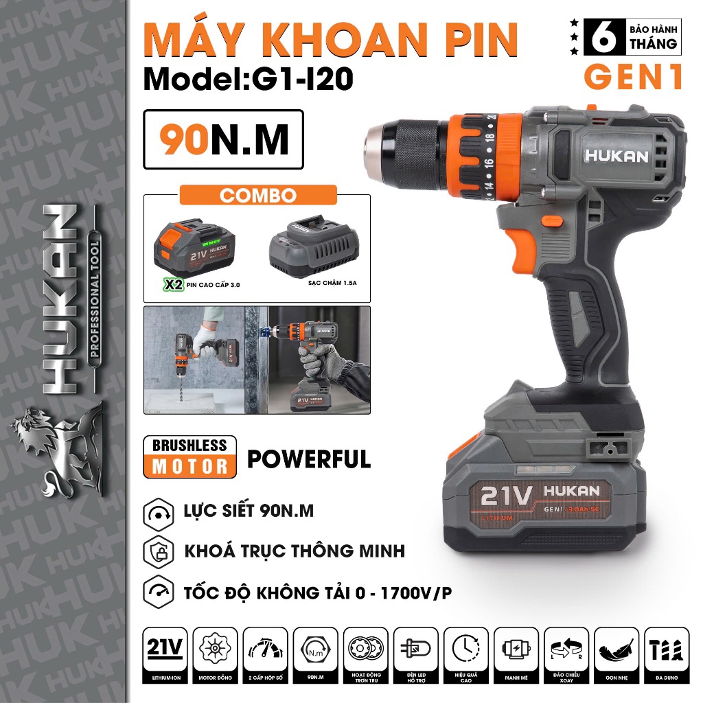 Máy Khoan Pin HUKAN G1-I20, 90Nm, 3 Chức Năng 13mm, Không Chổi Than, Đầu Autolock