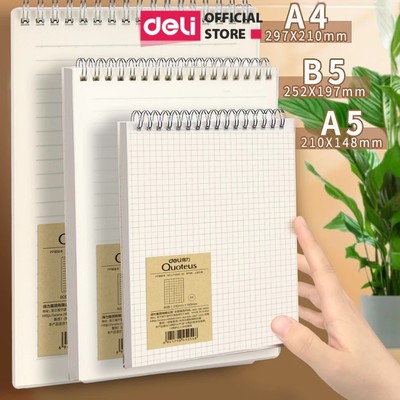 Sổ lò xo kép A5 B5 Deli Sổ bìa trong 160 trang dạng dọc giấy kẻ ngang caro chống lóa Viết callipraphy Ghi Chú Takenote