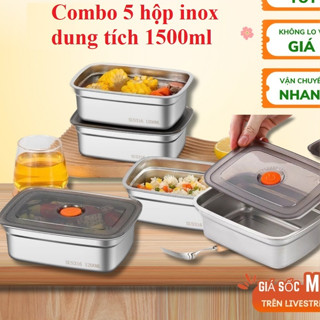 Combo 5 hộp inox dung tích 1500ml có nắp đậy nhựa silicon tiện lợi, hộp đựng thực phẩm inox