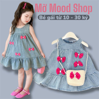 [Nâng 1 size so với KÝ-CAO của bé] Đầm bé gái, Set bộ tiểu thư, Váy bò đính nơ Tặng kèm túi siêu xinh bé gái