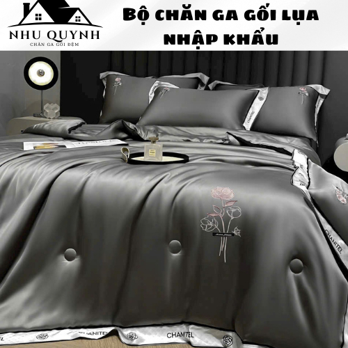 Bộ Phi Lụa Thêu CHANITEL Mềm Mại Sang Trọng Đẳng Cấp. Set 4 Món Gồm: 2 Vỏ Gối , 1 Ga Trải Giường, 1 